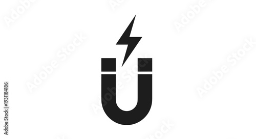 Powerful black horseshoe magnet with a lightning bolt symbol at the top representing magnetism energy and physical attraction forces.