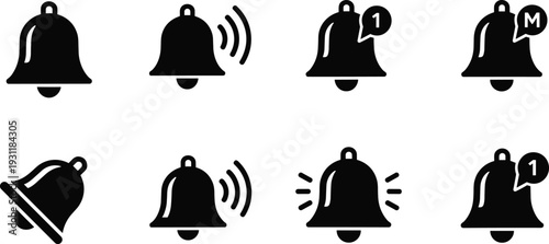 Set of black notification bell icons with various states including ringing alert, new message notification, vibration, and silent mode symbols.