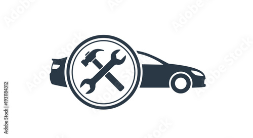 Car silhouette with a circular emblem featuring a crossed hammer and wrench symbolizing professional automotive repair.