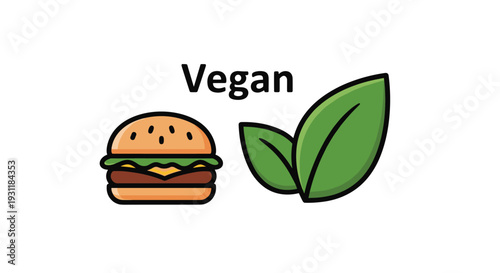Vegan burger icon with green leaves next to a sandwich representing plant-based food and healthy diet choices.