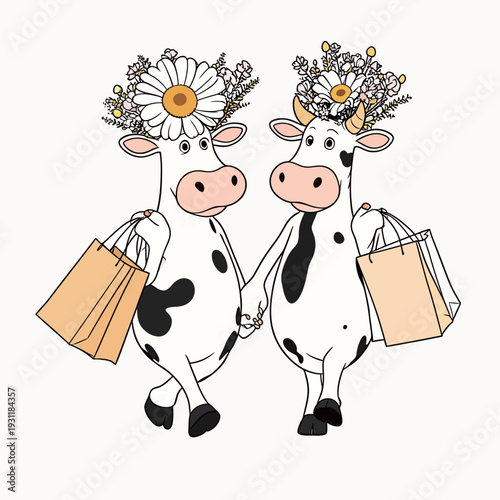 Two cows walk together holding hands and carrying shopping bags. They wear flower crowns made of daisies.