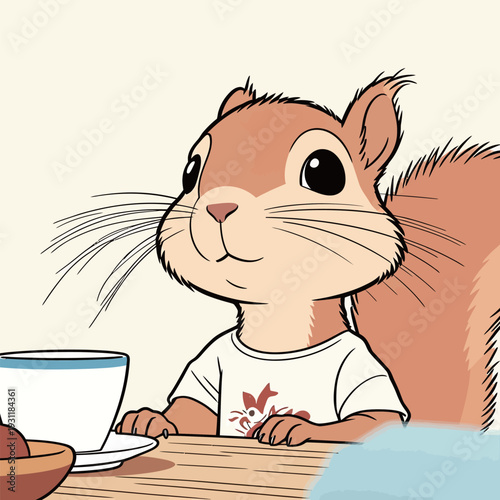 A squirrel in a shirt sits at a table with a cup and a plate. The setting shows a warm gathering for breakfast.