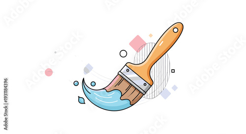 Colorful paintbrush icon with blue paint on the bristles surrounded by abstract shapes and decorative elements.