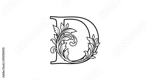 Capital letter D embellished with delicate floral and leafy scrollwork patterns in a vintage hand-drawn style.