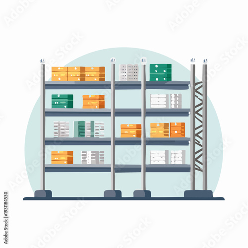 Illustration of a warehouse with shelves stocked with boxes and containers, representing logistics and storage