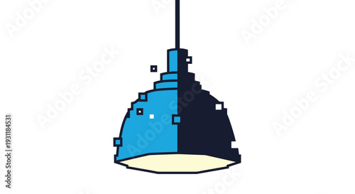 Modern hanging pendant lamp shown in a split blue and dark blue design with decorative pixel or square elements.