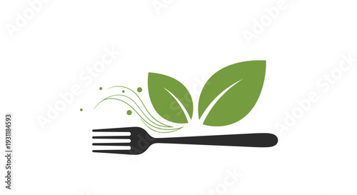 Fork icon integrated with green leaves representing healthy eating, organic food, and vegetarian dietary habits.