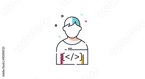 Programmer or developer icon featuring a stylized human profile and a coding bracket symbol representing modern software engineering concepts.