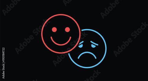 Two overlapping smiley face icons representing happy and sad emotions shown in red and blue on a black background.