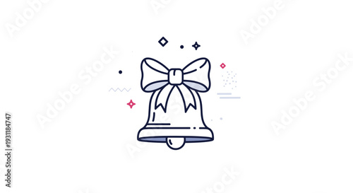 Christmas bell icon with a decorative bow and sparkling star elements presented in a clean line art style for various holiday designs.