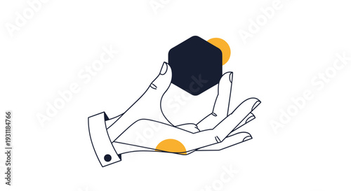 Stylized human hand holding a solid black cube with yellow circular accents representing a minimalist concept of control or focus.