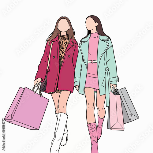Two women stroll side by side with shopping bags in their hands. They are dressed in colorful outfits and enjoying their time out.