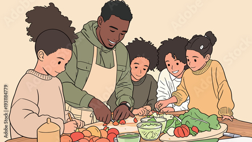 A group of family members share time in the kitchen, chopping vegetables and preparing a meal together on a weekend.