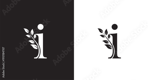 Sophisticated letter I monogram design embellished with a delicate leaf branch available in both black and white color themes for brands.
