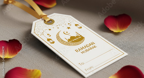 Ramadan Mubarak gift tag with elegant gold design and rose petals