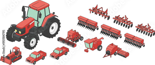 Agricultural Tractor and Farming Machinery Illustration Set with Harvesters, Seeders, Plows, and Rural Equipment for Isometric Vector Design Projects