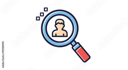 Recruitment or personal search concept featuring a magnifying glass focusing on a human profile icon in a colorful line art style.