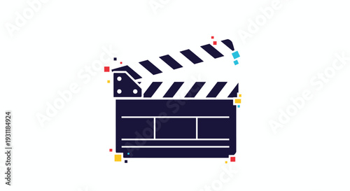 Film clapperboard icon with scattered colorful squares representing movie production, cinema, and the creative video editing process.