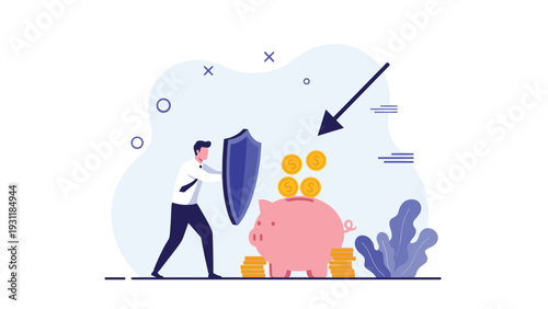Businessman using a shield to protect a pink piggy bank and gold coins from a large downward arrow, symbolizing financial safety.
