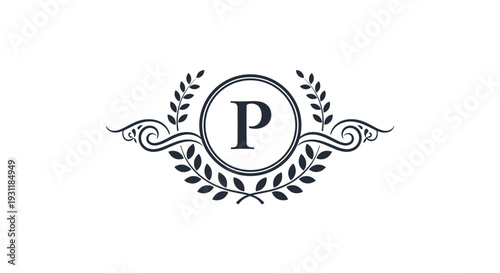 Elegant letter P logo set within a circular laurel wreath and decorative swirls for a classic luxury branding or insignia design.