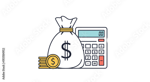 Financial planning and accounting concept featuring a money bag, a stack of gold coins, and a digital calculator for budgeting needs.