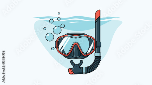 Professional diving mask and snorkel set submerged in clear blue water with rising bubbles, representing aquatic exploration.