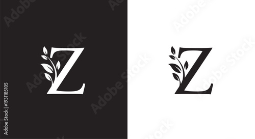 Elegant letter Z monogram featuring delicate leaf branches in contrasting black and white versions for upscale brand identities.
