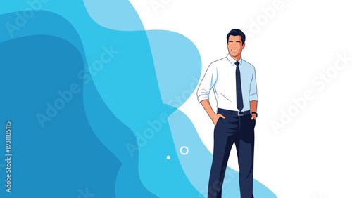 Confident young businessman in a white shirt and tie smiling with hands in pockets against an abstract blue wavy background.