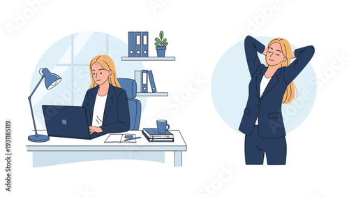 Two-part illustration of a woman in a business suit working on her laptop and then standing up to stretch at her home office desk.