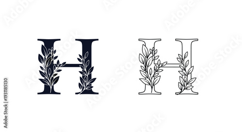 Sophisticated letter H monogram design embellished with elegant leaf motifs in both solid black and delicate outline styles.