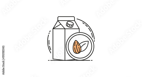 Detailed almond milk icon showing a carton next to a circular badge with an almond and leaf denoting a natural plant-based drink.