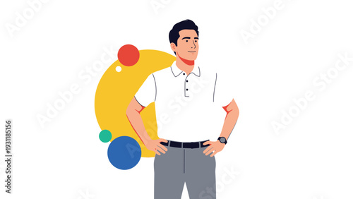 Confident young man in a white polo shirt and grey trousers standing with hands on his hips against a colorful background.