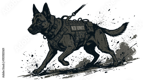 K9 Unit Dog Running with Tactical Vest and Leash