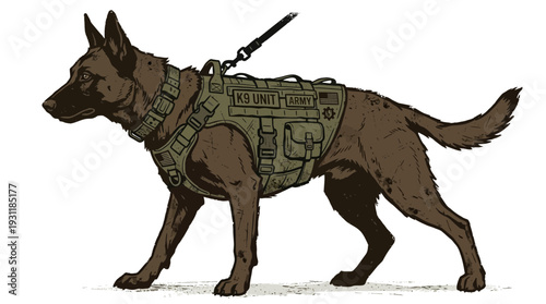 Military Dog Wearing Tactical Vest on Leash