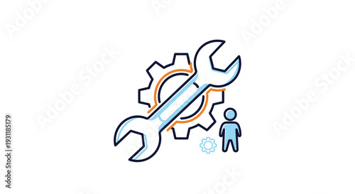 Technical support or maintenance service concept showing a wrench, a large gear, and a stylized human figure for expert help.