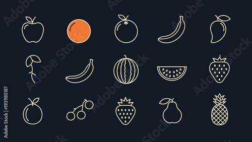 Collection of minimalist fruit icons in light-colored outlines shown against a dark navy blue background for a modern look.