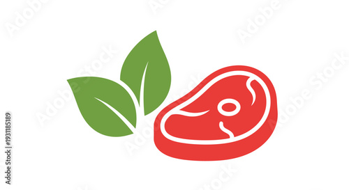 Quality meat or farm to table concept showing a red steak fillet accompanied by two green leaves for natural food labeling.