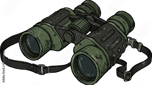 Military binoculars with strap, isolated on white background