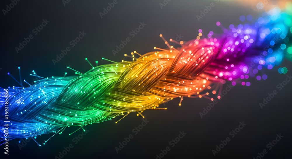Obraz premium Vibrant fiber optic cable with rainbow colored lights.