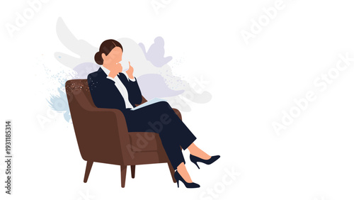 Elegant businesswoman sitting in a brown armchair while thinking deeply with a cup of coffee and notes against a white background.