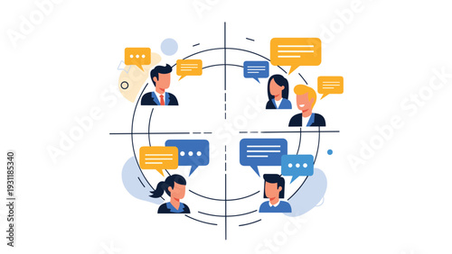 Group of people arranged in a circular diagram with colorful speech bubbles representing communication, networking, and social interaction.