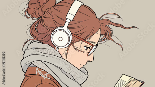A woman sits quietly while reading a book and listening to music. She wears headphones and has glasses on. Her hair is styled up.