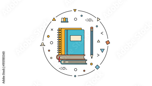 Stack of colorful notebooks and a pencil surrounded by various geometric icons in a circular composition representing education and creativity.