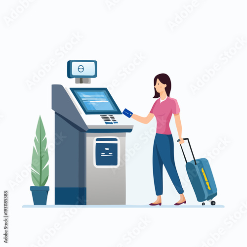 A woman checks in at a self-service airport kiosk with her luggage in a modern travel illustration