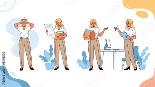 Set of four illustrations showing a blonde woman in a white shirt and tan trousers managing documents, a computer, and office tasks.