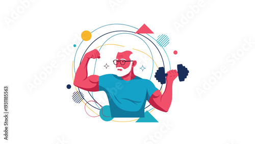 Fit older man with white hair and beard flexing his muscles and lifting a dumbbell surrounded by colorful geometric shapes.