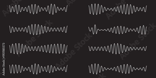 Sound wave icon. Audio Signal Frequency Equalizer Symbol Collection. Music Voice Recording and Podcast Waveform Vector Icons. isolated on black background.