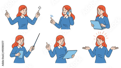 Redheaded woman in a blue sweater shown in multiple frames using a phone, laptop, and tablet for work and communication.