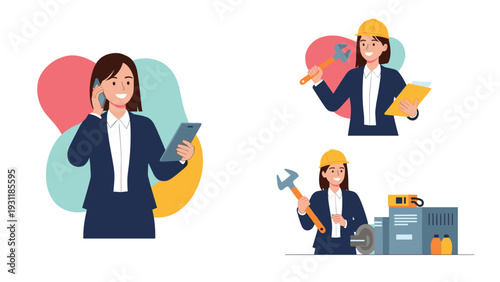 Woman shown in three frames as a corporate office worker on the phone and a female engineer wearing a yellow hard hat with tools.