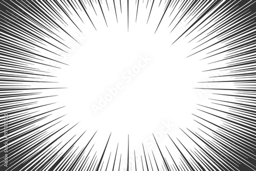 Manga speed lines background for comic effect.Radial zoom lines background in anime style.Black and white explosion ray background.Comic book action lines vector.